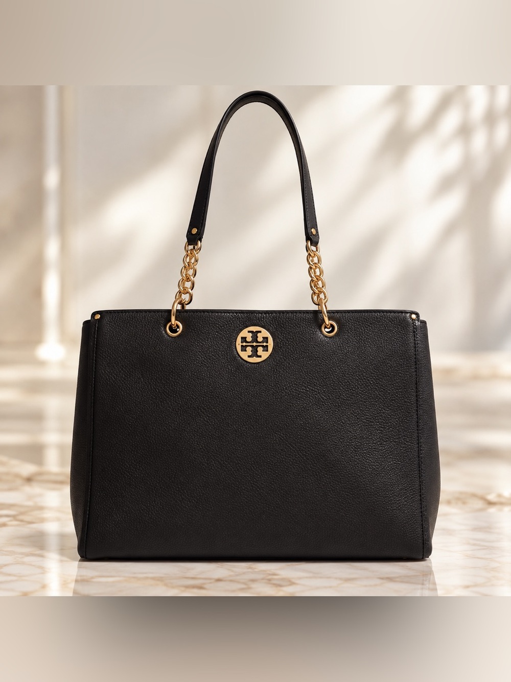 Tory Burch Black Leather Shoulder Bag with Gold Chain